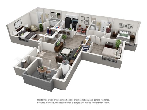 A 3D rendered image of a modern, open-plan apartment layout.